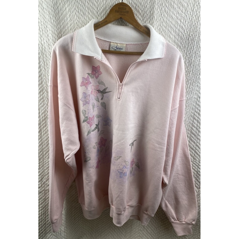 Vintage Artisans Womens XL‎ Hummingbird Floral Flower Summer Pink Sweatshirt USA